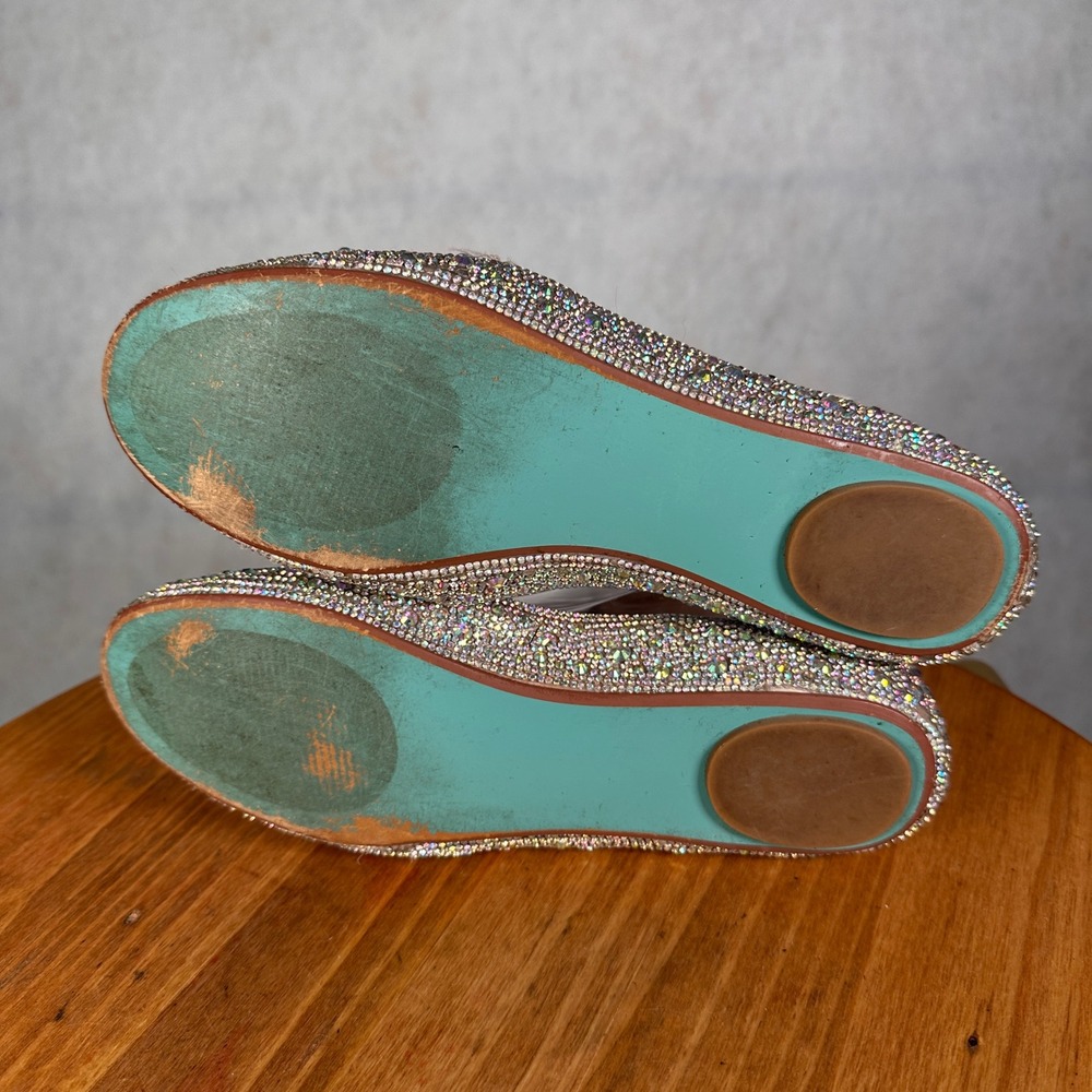 Betsey Johnson SB-ACE Flats Women 7M Champagne Rhinestone Good Crystal Ankle - Picture 11 of 14